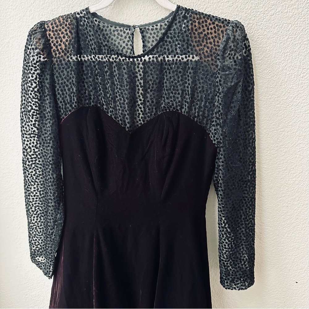 Vintage 80s Karen Lucas for Niki velvet bodice sheer sleeves cocktail dress 8